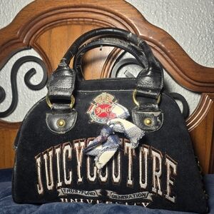 black velour Juicy Couture "Trustfund Generation University" bowler bag.